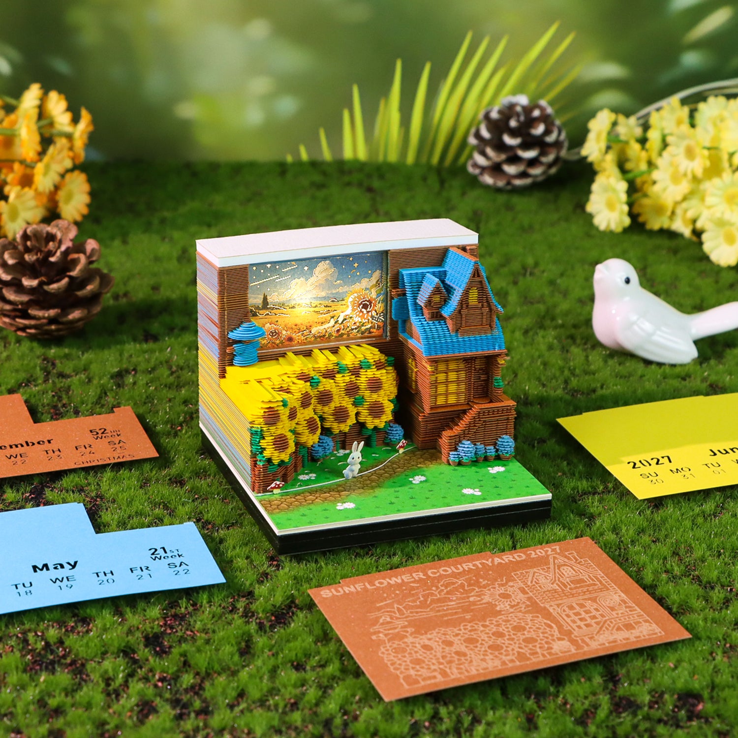 3D Calendar with a sunflower-themed design on grass with decorative elements